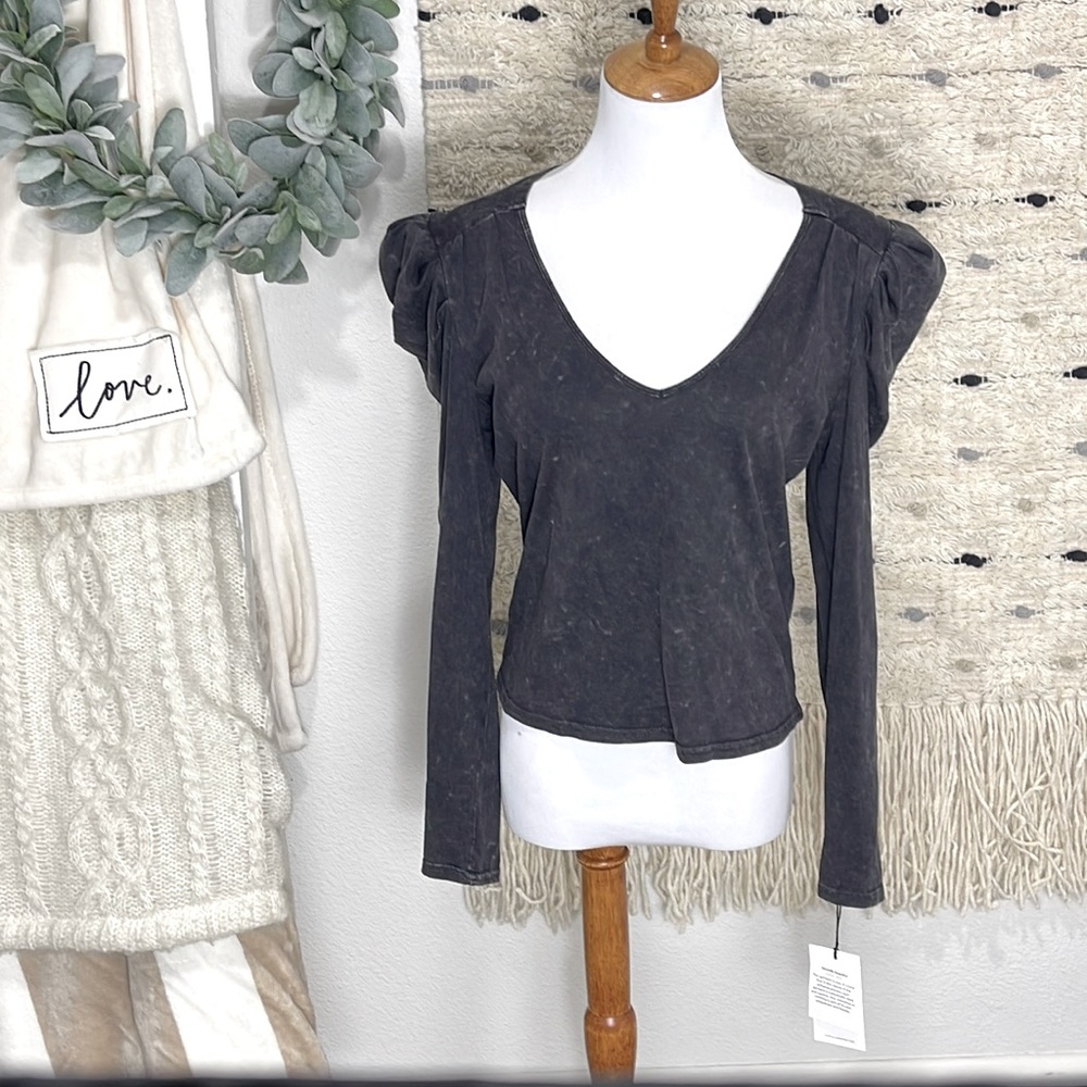 NWT 7FAM acid wash black puffy sleeve check top size XS